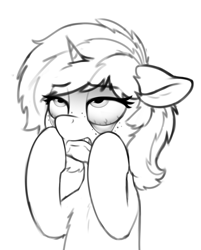 Size: 1567x1945 | Tagged: safe, artist:zippysqrl, imported from derpibooru, oc, oc only, oc:sign, pony, unicorn, bust, chest fluff, female, floppy ears, freckles, grayscale, hooves on face, monochrome, simple background, solo, ugh, white background