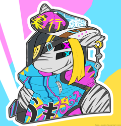 Size: 1920x2000 | Tagged: safe, artist:mopyr, imported from derpibooru, oc, oc only, anthro, zebra, black sclera, bust, cap, clothes, ear piercing, earring, eyepatch, four eyes, hat, jacket, japanese, jewelry, outfit, piercing, portrait, solo