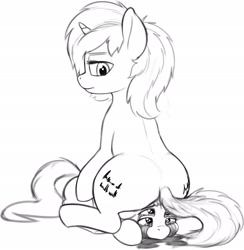 Size: 2119x2170 | Tagged: safe, artist:zippysqrl, imported from derpibooru, oc, oc:four eyes, oc:sign, pony, crying, duo, female, four eyes, grayscale, lying down, monochrome, prone, sad, sitting on, sitting on head, sitting on person, sitting on pony, sketch