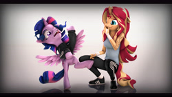 Size: 9600x5400 | Tagged: safe, artist:imafutureguitarhero, imported from derpibooru, sci-twi, sunset shimmer, twilight sparkle, alicorn, anthro, plantigrade anthro, pony, unicorn, 3d, absurd resolution, adidas, anthro with ponies, bandage, bipedal, black bars, chromatic aberration, clothes, colored eyebrows, duo, ear piercing, earring, faic, falling, female, film grain, floppy ears, freckles, grin, hand over mouth, hand wraps, hoodie, horn, jewelry, laughing, long hair, mare, nail polish, nose wrinkle, open mouth, peppered bacon, piercing, raised hoof, reflection, scitwilicorn, screaming, shoes, signature, smiling, sneakers, source filmmaker, squatting, stifling laughter, tanktop, tattoo, tongue out, trackpants, tracksuit, twilight sparkle (alicorn), wall of tags, wallpaper, wide eyes, wings, wrist wraps, yelling