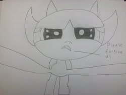 Size: 4032x3024 | Tagged: safe, artist:undeadponysoldier, imported from derpibooru, oc, oc:nick, pony, about to cry, lineart, poor thing, puppy dog eyes, sad, talking to viewer, traditional art