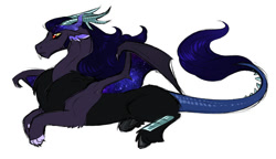 Size: 952x547 | Tagged: safe, artist:vindhov, imported from derpibooru, oc, oc only, draconequus, hybrid, antlers, colored sclera, commission, draconequus oc, ethereal eyebrows, interspecies offspring, male, offspring, parent:discord, parent:princess luna, parents:lunacord, prone, red eyes, sideburns, simple background, solo, starry eyebrows, starry wings, white background, yellow sclera