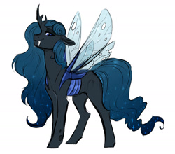 Size: 2232x1963 | Tagged: safe, artist:vindhov, imported from derpibooru, oc, oc only, changepony, hybrid, commission, ethereal mane, fangs, female, interspecies offspring, magical lesbian spawn, mare, offspring, parent:princess luna, parent:queen chrysalis, parents:chrysaluna, simple background, solo, starry mane, white background