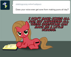 Size: 1002x800 | Tagged: safe, artist:starrynightpony, imported from derpibooru, oc, oc only, oc:pun, earth pony, pony, ask pun, ask, book, female, mare, prone, pun, solo