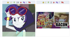 Size: 1121x593 | Tagged: safe, imported from derpibooru, fluttershy, rarity, sunset shimmer, derpibooru, equestria girls, equestria girls series, fomo, spring breakdown, spoiler:eqg series (season 2), bacon, bacon hair, food, geode of shielding, juxtaposition, magical geodes, meat, meta