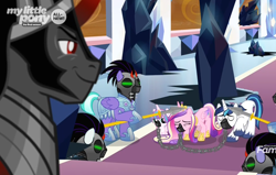 Size: 1604x1022 | Tagged: safe, imported from derpibooru, screencap, king sombra, princess cadance, princess flurry heart, shining armor, pony, the beginning of the end, cropped, gag, mind control, muzzle gag, shackles, sombra soldier