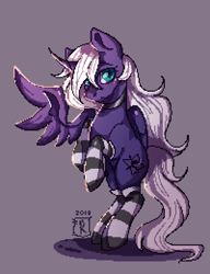 Size: 1000x1300 | Tagged: safe, artist:rottengotika, imported from derpibooru, oc, oc only, oc:star nebula moon, alicorn, pony, alicorn oc, clothes, pixel art, simple background, socks, solo, stockings, striped socks, thigh highs