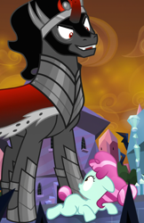 Size: 1498x2314 | Tagged: safe, composite screencap, edit, edited screencap, imported from derpibooru, screencap, cherry valley, king sombra, crystal pony, pony, umbrum, the beginning of the end, cape, clothes, crown, crystal empire, crystal filly, jewelry, panorama, regalia