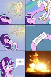 Size: 1277x1916 | Tagged: safe, artist:zoarvek, edit, imported from derpibooru, princess celestia, starlight glimmer, alicorn, pony, unicorn, abuse, celestia's message to starlight, comic, exploitable meme, explosion, female, glimmerbuse, hokuto no ken, implied death, japanese, mare, meme, nani, omae wa mou shindeiru, smiling, you are already dead, お前はもう死んでいる