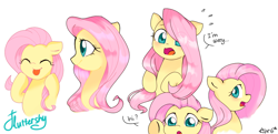 Size: 1200x580 | Tagged: safe, artist:ch-chau, imported from derpibooru, fluttershy, pegasus, pony, :p, blushing, cute, dialogue, expressions, eye clipping through hair, female, happy, hi, mare, open mouth, profile, shyabetes, silly, simple background, smiling, solo, text, tongue out, white background