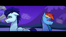 Size: 1920x1080 | Tagged: safe, artist:sapphireartemis, imported from derpibooru, rainbow dash, soarin', pony, female, male, mountain, night, sad, shipping, soarindash, straight