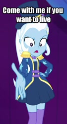 Size: 583x1080 | Tagged: safe, edit, edited screencap, imported from derpibooru, screencap, trixie, equestria girls, equestria girls series, spring breakdown, spoiler:eqg series (season 2), clothes, come with me if you want to live, cropped, dress, epaulettes, female, hat, movie reference, skirt, socks, solo, terminator, text edit, thigh highs, top hat, zettai ryouiki