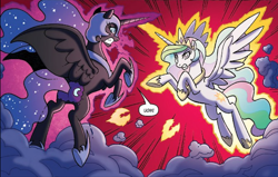 Size: 1504x955 | Tagged: safe, artist:tonyfleecs, idw, imported from derpibooru, nightmare moon, princess celestia, alicorn, pony, spoiler:comic, spoiler:comicfiendshipismagic4, angry, crown, duo, ethereal mane, female, fight, hoof shoes, jewelry, mare, official comic, peytral, regalia, royal sisters, sisters, speech bubble, spread wings, starry mane, wings