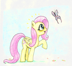 Size: 1116x1024 | Tagged: safe, artist:friendshipishorses, imported from derpibooru, fluttershy, butterfly, pegasus, pony, cute, female, folded wings, looking at something, looking up, mare, open mouth, profile, raised hoof, shyabetes, smiling, solo, standing, traditional art, wings