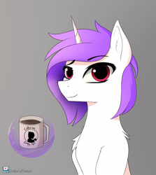 Size: 1929x2160 | Tagged: safe, artist:axtkatze, artist:hevityaus, imported from derpibooru, oc, oc only, pony, unicorn, coffee, levitation, magic, purple hair, raised eyebrow, solo, telekinesis, watermark, white coat