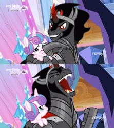 Size: 1067x1200 | Tagged: safe, edit, edited screencap, imported from derpibooru, screencap, king sombra, princess flurry heart, pony, the beginning of the end, boop, comic, flurry heart is not amused, moral event horizon, non-consensual booping, pure unfiltered evil, screencap comic, unamused, you monster