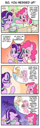 Size: 717x2283 | Tagged: safe, artist:wakyaot34, imported from derpibooru, applejack, pinkie pie, rainbow dash, starlight glimmer, earth pony, pegasus, pony, unicorn, 4koma, apron, baking, bucket, clothes, comic, cooking, dialogue, japanese, nervous, speech bubble, translation, vomit