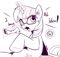 Size: 2500x2400 | Tagged: safe, artist:maren, imported from derpibooru, twilight sparkle, pony, unicorn, cross-popping veins, cute, dialogue, eye clipping through hair, female, glasses, glowing horn, magic, monochrome, open mouth, solo, telekinesis, twiabetes, unicorn twilight