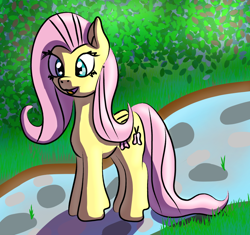 Size: 802x754 | Tagged: safe, artist:platinumdrop, imported from derpibooru, fluttershy, pony, bush, female, grass, road, shadow, solo