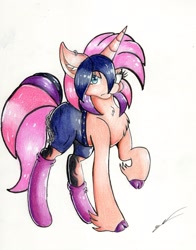 Size: 2225x2845 | Tagged: safe, artist:luxiwind, imported from derpibooru, oc, oc:spirit chain, pony, unicorn, clothes, female, latex, latex socks, mare, shorts, socks, solo, traditional art