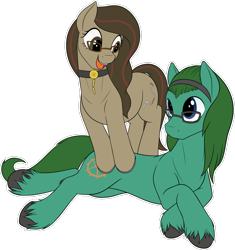 Size: 1280x1363 | Tagged: safe, artist:suspega, derpibooru exclusive, imported from derpibooru, oc, oc only, oc:autumn bramble, oc:tempus fidgets, pony, blue eyes, brown eyes, brown mane, collar, female, glasses, green mane, hairband, happy, horseshoes, male, no mouth, on side, open mouth, siblings, side, simple background, smiling, transparent background, unshorn fetlocks