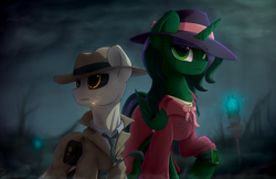 Size: 5155x3350 | Tagged: safe, artist:avastin4, imported from derpibooru, oc, oc:virescent, pony, fallout equestria, fallout equestria: commonwealth, artificial alicorn, fallout equestria: commonwealth - fog harbour, fanfic art, nick valentine, synth