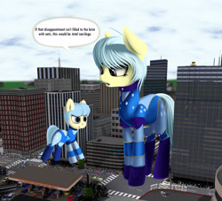 Size: 3300x3000 | Tagged: dead source, safe, artist:styroponyworks, imported from derpibooru, oc, oc:ultramare, earth pony, human, pony, 3d, balloon, blender, building, car, city, clothes, dialogue, female, gas station, giant pony, macro, mare, parade, people, speech bubble, wat