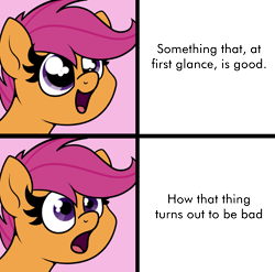 Size: 1404x1389 | Tagged: safe, artist:moonatik, imported from derpibooru, scootaloo, pegasus, pony, bust, dilated pupils, eyes on the prize, female, filly, frown, happy, looking up, meme, meme template, open mouth, shocked, simple background, solo, surprised, text, transparent background, wide eyes