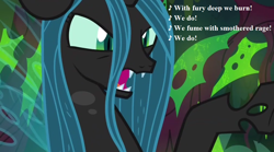 Size: 1008x560 | Tagged: safe, edit, edited screencap, imported from derpibooru, screencap, queen chrysalis, changeling, changeling queen, the beginning of the end, crazylis, cropped, female, gilbert and sullivan, lyrics, song reference, text, utopia limited