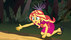 Size: 2100x1181 | Tagged: safe, imported from derpibooru, screencap, sunset shimmer, equestria girls, equestria girls series, spring breakdown, spoiler:eqg series (season 2), feet, female, heel pop, jungle, quicksand, sandals, solo