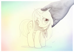 Size: 1042x737 | Tagged: safe, artist:sherwoodwhisper, imported from derpibooru, oc, oc only, oc:eri, pony, unicorn, cape, clothes, duo, female, hand, mare, offscreen character, sad, teary eyes