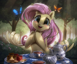 Size: 2500x2078 | Tagged: safe, artist:light262, imported from derpibooru, fluttershy, butterfly, pegasus, pony, amazed, anatomically incorrect, biscuits, blushing, bush, bust, crying, cup, cute, daaaaaaaaaaaw, dappled sunlight, dark, female, food, forest, happy, head tilt, hnnng, hooves together, human shoulders, looking at you, mare, open mouth, outdoors, plate, scenery, shyabetes, smiling, solo, spread wings, table, tea, tea cakes, tea party, teapot, tears of joy, teary eyes, tree, watermelon, weapons-grade cute, wings