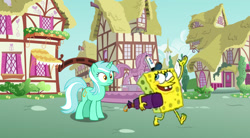 Size: 1205x663 | Tagged: safe, imported from derpibooru, lyra heartstrings, pony, bag, confused, exhibitionism, hat, holding, how do you do, huh, nudity, public nudity, spongebob squarepants, waving