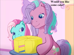 Size: 710x530 | Tagged: safe, edit, edited screencap, imported from derpibooru, screencap, minty, sweetberry, the runaway rainbow, bronybait, cake, dialogue, food, g3