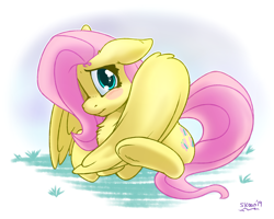 Size: 2000x1600 | Tagged: safe, artist:skoon, imported from derpibooru, fluttershy, pony, blushing, cute, hair over one eye, looking at you, shyabetes, simple background, smiling, solo, spread wings, underhoof, white background, wings