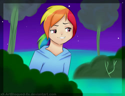 Size: 1019x784 | Tagged: safe, artist:xx-artbloqued-xx, imported from derpibooru, rainbow dash, human, daring don't, bush, clothes, dreamworks face, faic, female, grin, hoodie, humanized, night, outdoors, ponytail, rainbow dash is best facemaker, scene interpretation, smiling, smirk, smug, smugdash, solo, tree