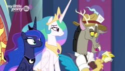 Size: 1920x1080 | Tagged: safe, imported from derpibooru, screencap, discord, princess celestia, princess luna, draconequus, pony, the beginning of the end, ethereal mane, female, hat, male, mare, raised eyebrow, reporter, royal sisters, sisters, starry mane, trio