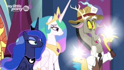 Size: 1920x1080 | Tagged: safe, imported from derpibooru, screencap, discord, princess celestia, princess luna, alicorn, draconequus, pony, the beginning of the end, amused, canterlot castle, clothes, ethereal mane, excited, female, finger snap, hat, lidded eyes, light, looking up, loser, magic, male, mare, royal sisters, sisters, stained glass, starry mane, throne room, trio