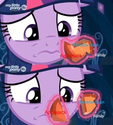 Size: 2199x2425 | Tagged: safe, edit, edited screencap, imported from derpibooru, screencap, applejack, rainbow dash, twilight sparkle, twilight sparkle (alicorn), alicorn, pony, the beginning of the end, appledash, caption, element of honesty, female, frown, image macro, lesbian, mare, meme, sad, sad face, shipper on deck, shipping, text