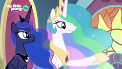 Size: 1920x1080 | Tagged: safe, imported from derpibooru, screencap, princess celestia, princess luna, pony, the beginning of the end, duo, ethereal mane, female, mare, raised hoof, royal sisters, sisters, starry mane
