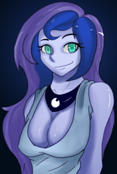 Size: 2532x3747 | Tagged: safe, artist:chaosknight, imported from derpibooru, princess luna, equestria girls, absolute cleavage, breasts, busty princess luna, cleavage, dark background, female, solo, vice principal luna