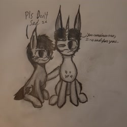 Size: 2977x2977 | Tagged: safe, artist:antique1899, imported from derpibooru, oc, oc only, oc:binky, oc:ragtime melody, hybrid, pony, zony, chest fluff, good friend, love and tolerance, monochrome, pencil drawing, sad, support, teary eyes, traditional art