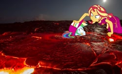 Size: 611x375 | Tagged: safe, edit, editor:lonely fanboy48, imported from derpibooru, rainbow dash, sunset shimmer, equestria girls, equestria girls series, spring breakdown, spoiler:eqg series (season 2), abuse, dashabuse, irl, lava, meme, photo, this will end in death, vector