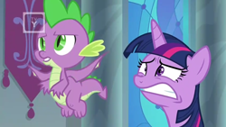 Size: 1366x768 | Tagged: safe, imported from derpibooru, screencap, spike, twilight sparkle, alicorn, dragon, the beginning of the end, claws, faic, flying, throne room, tv rating, tv-y, twilight sparkle (alicorn), winged spike, wings, worried