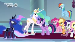 Size: 1920x1080 | Tagged: safe, imported from derpibooru, screencap, applejack, fluttershy, pinkie pie, princess celestia, princess luna, rainbow dash, rarity, spike, twilight sparkle, alicorn, dragon, pony, the beginning of the end, mane seven, mane six, twilight sparkle (alicorn), winged spike, wings