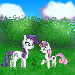 Size: 2048x2048 | Tagged: safe, artist:platinumdrop, imported from derpibooru, rarity, sweetie belle, pony, bush, cloud, female, flower, grass, sisters