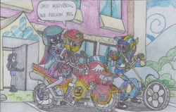 Size: 1771x1129 | Tagged: safe, artist:nephilim rider, imported from derpibooru, rainbow dash, rarity, sci-twi, twilight sparkle, oc, oc:heaven lost, equestria girls, equestria girls series, fomo, spoiler:eqg series (season 2), converse, motorcycle, shoes, sneakers, traditional art