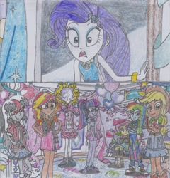 Size: 1710x1780 | Tagged: safe, artist:nephilim rider, imported from derpibooru, applejack, fluttershy, pinkie pie, rainbow dash, rarity, sci-twi, spike, spike the regular dog, sunset shimmer, twilight sparkle, oc, oc:heaven lost, dog, equestria girls, equestria girls series, fomo, spoiler:eqg series (season 2), converse, scene interpretation, shoes, traditional art