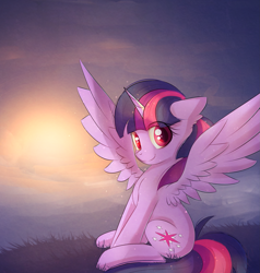 Size: 2121x2231 | Tagged: safe, artist:autumnvoyage, imported from derpibooru, twilight sparkle, alicorn, pony, alternate eye color, cute, ear fluff, eye clipping through hair, female, sitting, solo, spread wings, sun, twiabetes, twilight sparkle (alicorn), wings