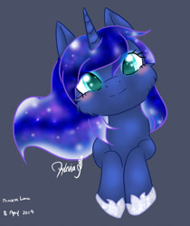 Size: 1280x1525 | Tagged: safe, artist:ayleviazephyr, imported from derpibooru, princess luna, pony, blushing, bust, cheek fluff, colored pupils, cute, ethereal mane, female, gray background, hoof shoes, looking at you, lunabetes, simple background, solo, starry mane